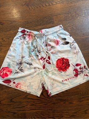 Kinetic Men’s White Floral Swim Shorts - Red Rose Print
